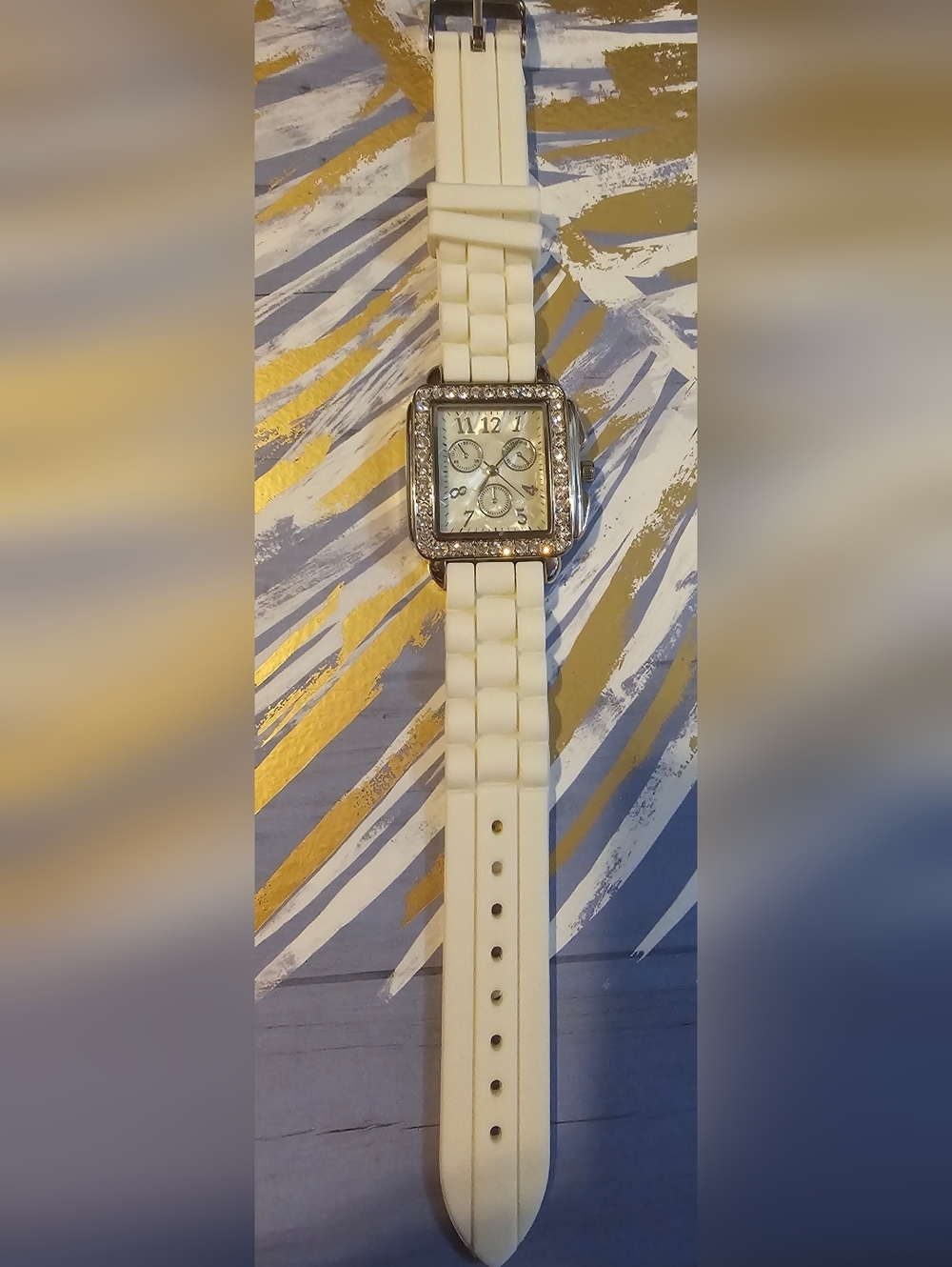 Geneva Platinum Silver Square Face Rhinestone Watch White Silicone Strap